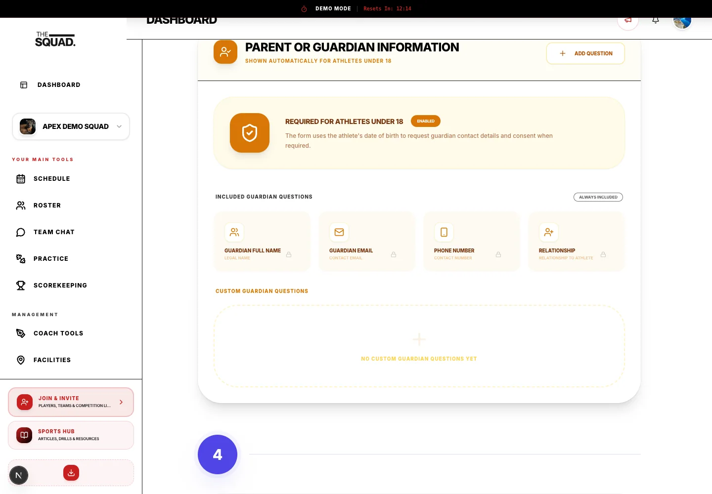 Guardian questions are shown automatically for athletes under 18.