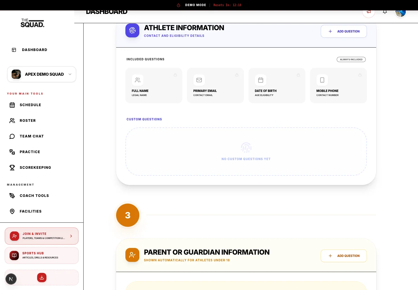 Built-in identity fields and the custom question area.