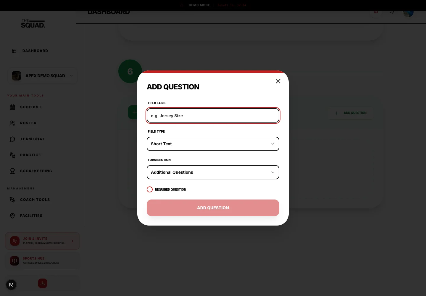 The question editor sets label, type, section, choices and required status.
