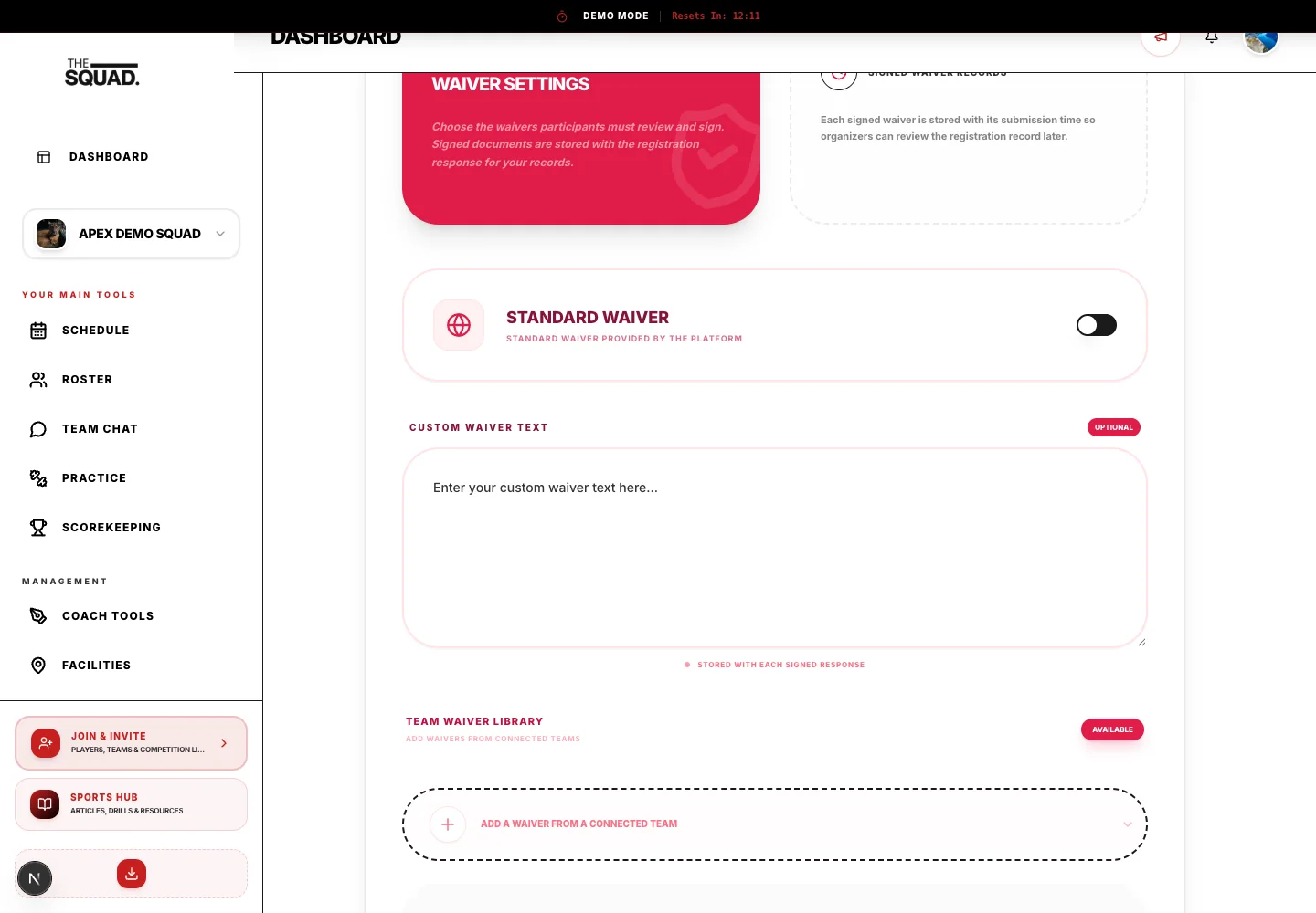 Waiver Settings combines standard, custom and team-library agreements.
