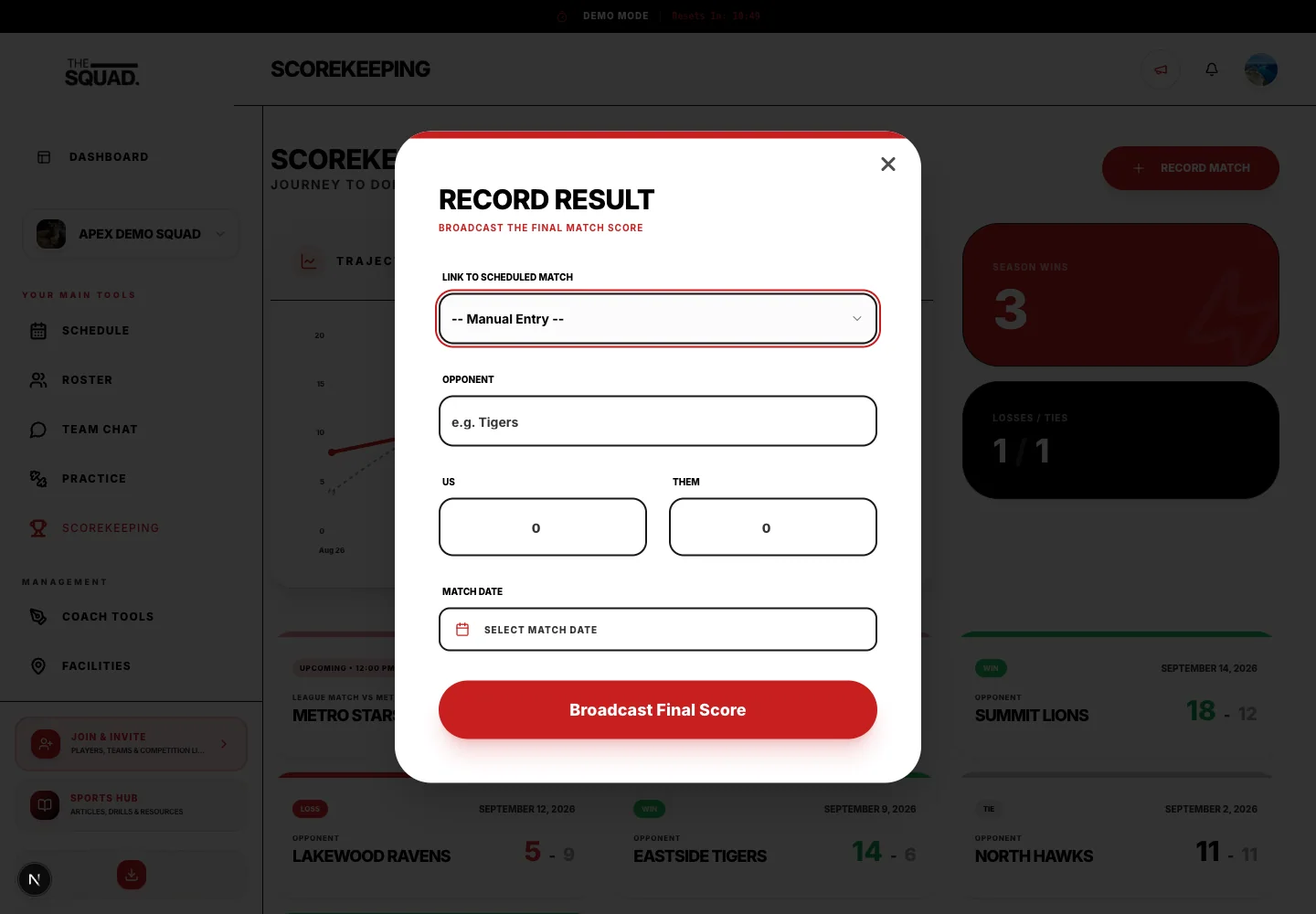 The result form contains both score fields and the final-score action.