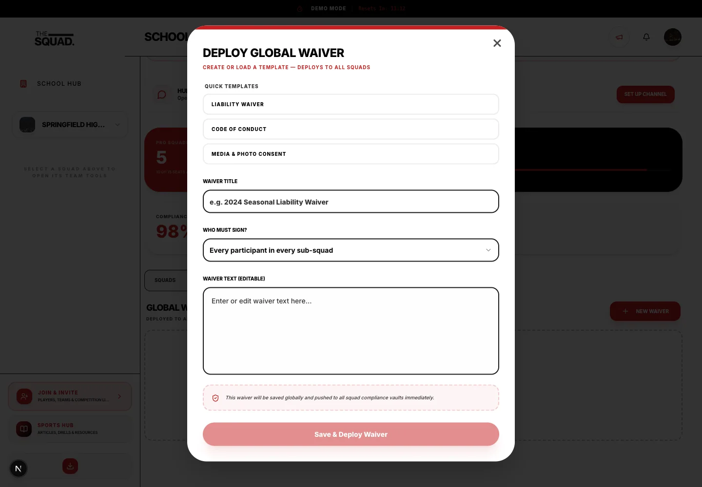 Deploy Global Waiver contains the audience selector and document text.