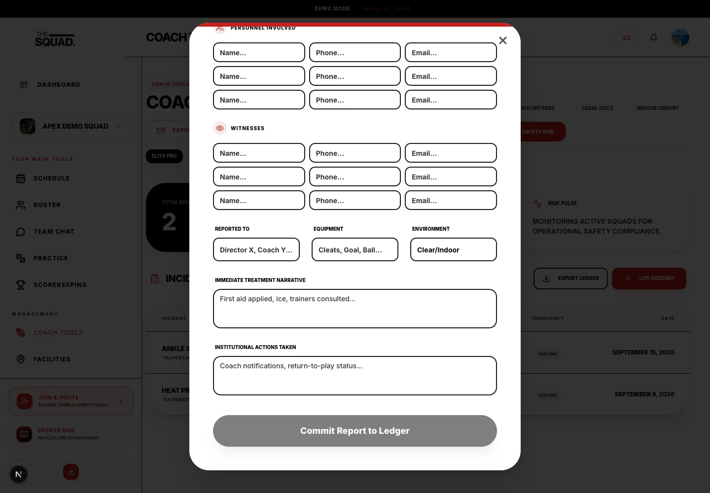 Incident reporting includes people, witnesses and response information.