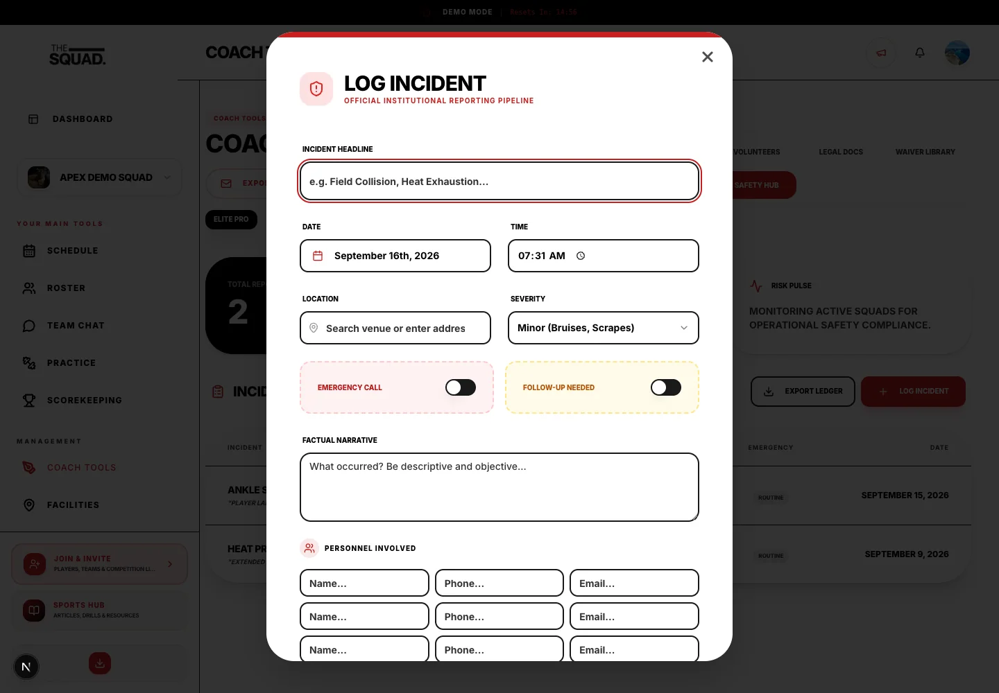 The incident form begins with time, location, severity and narrative.