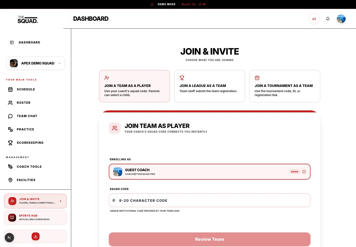 Join & Invite separates athlete selection from team, league and tournament codes.