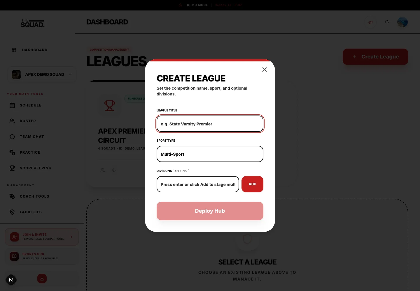 Create League captures name, sport and optional divisions.