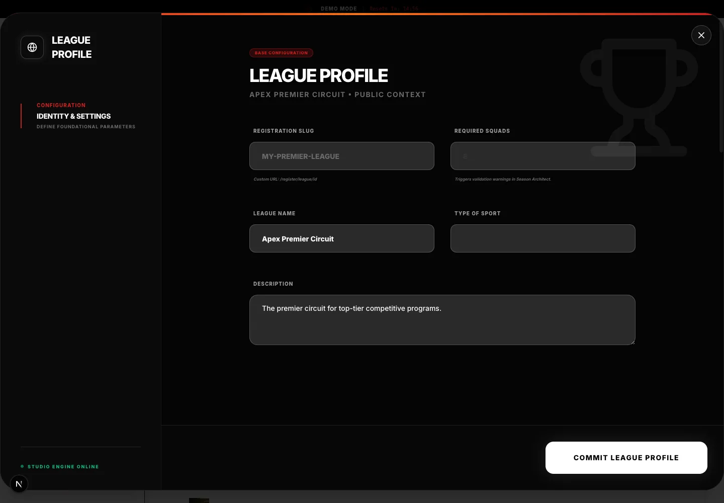 Edit league contains public identity, dates and registration instructions.