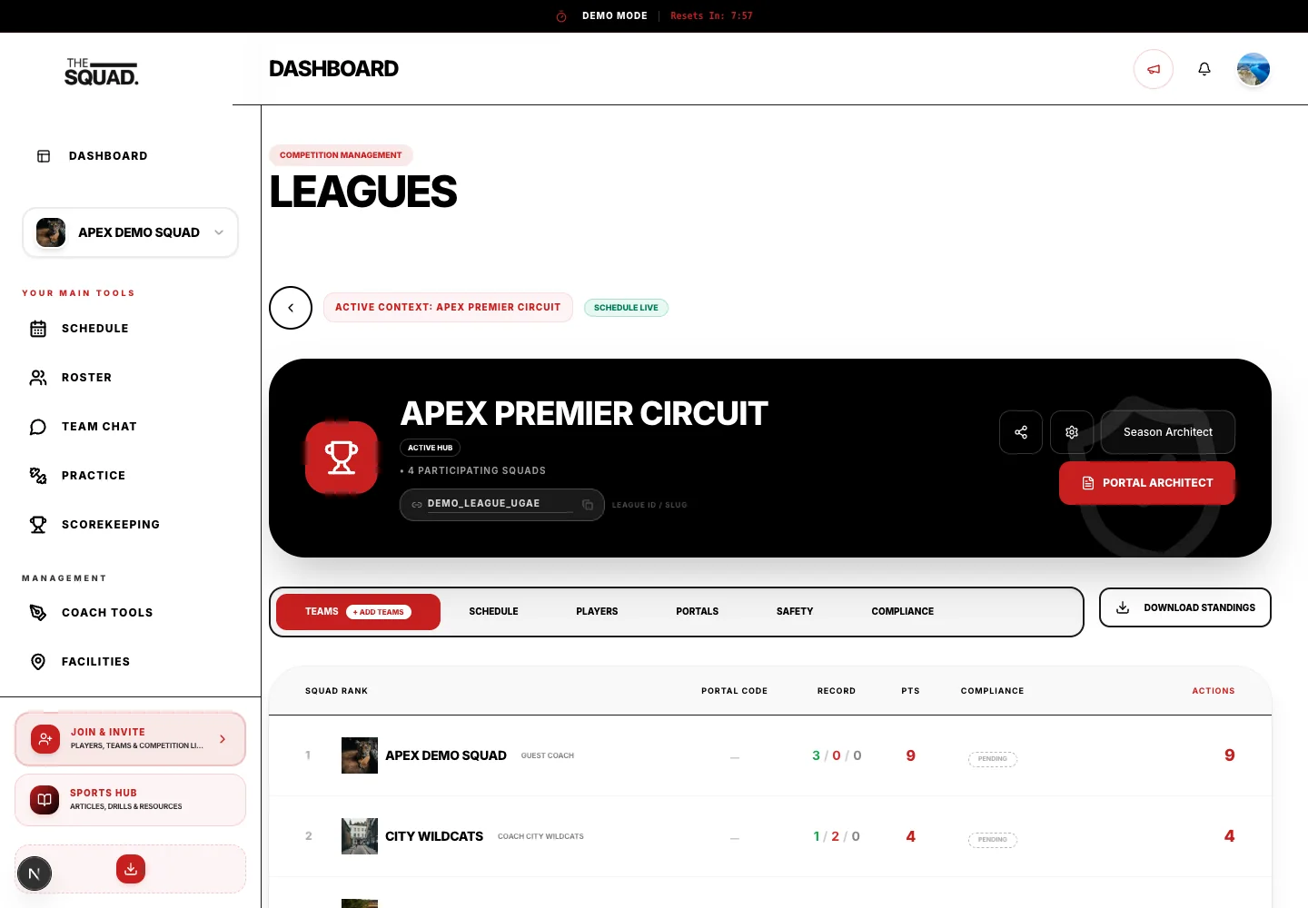 The league hub separates teams, schedule, players and portals.
