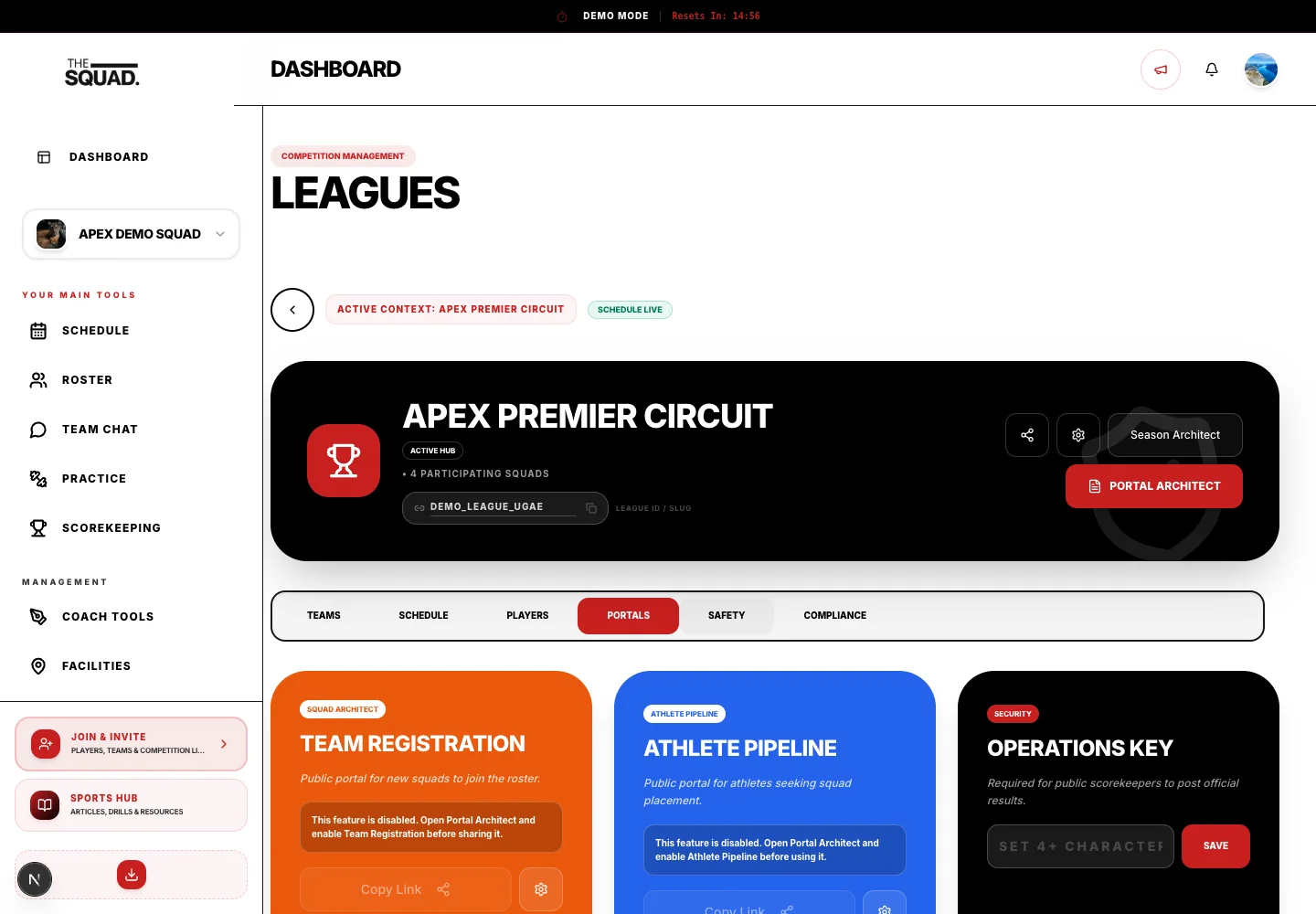 League Portals separates public viewing and scorekeeping access.