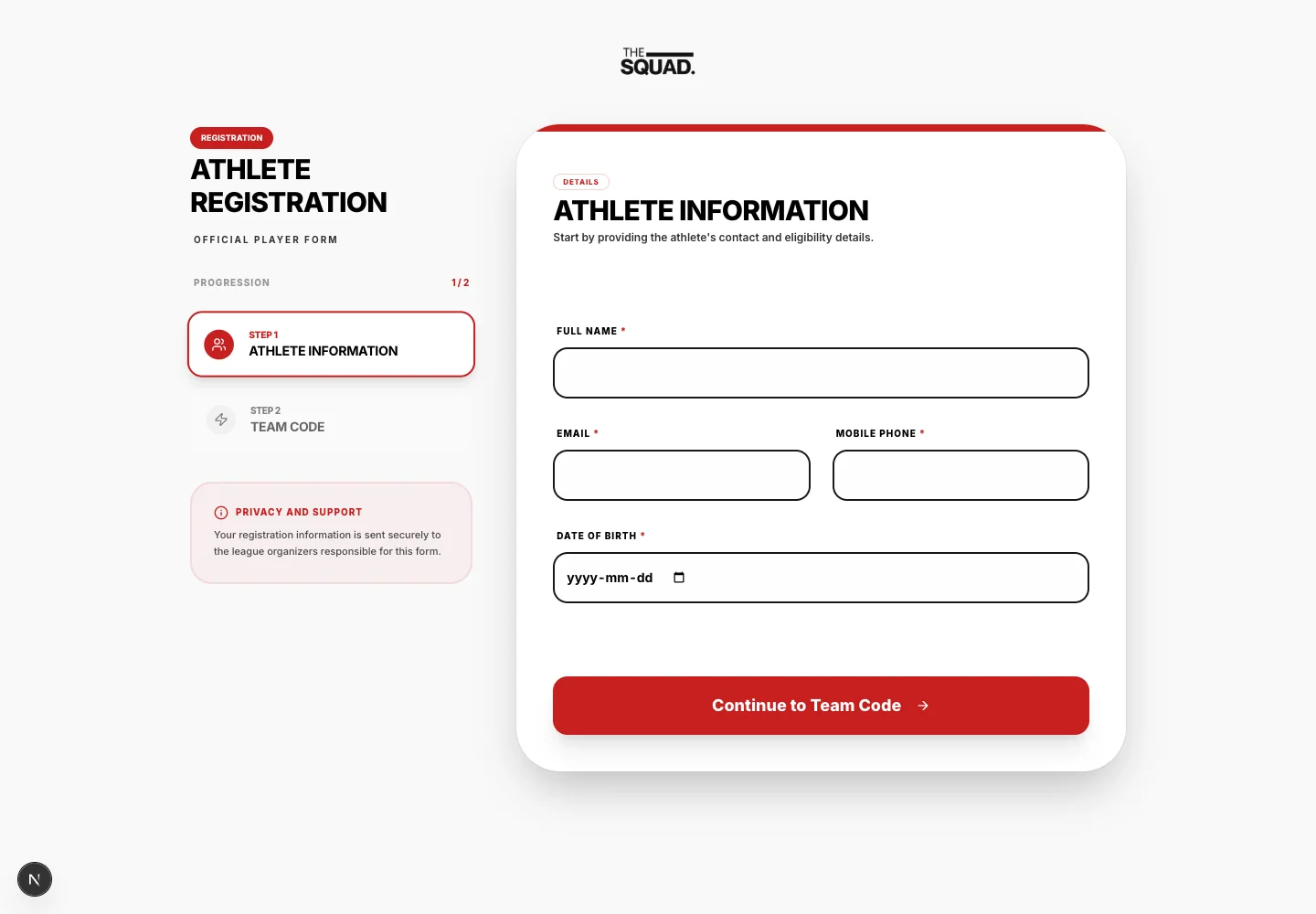 A sample league registration page.