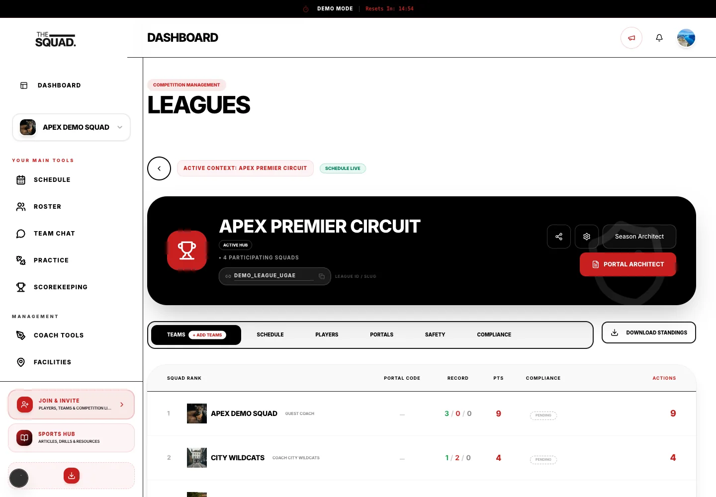 The league Teams view shows registered squads and their assignments.
