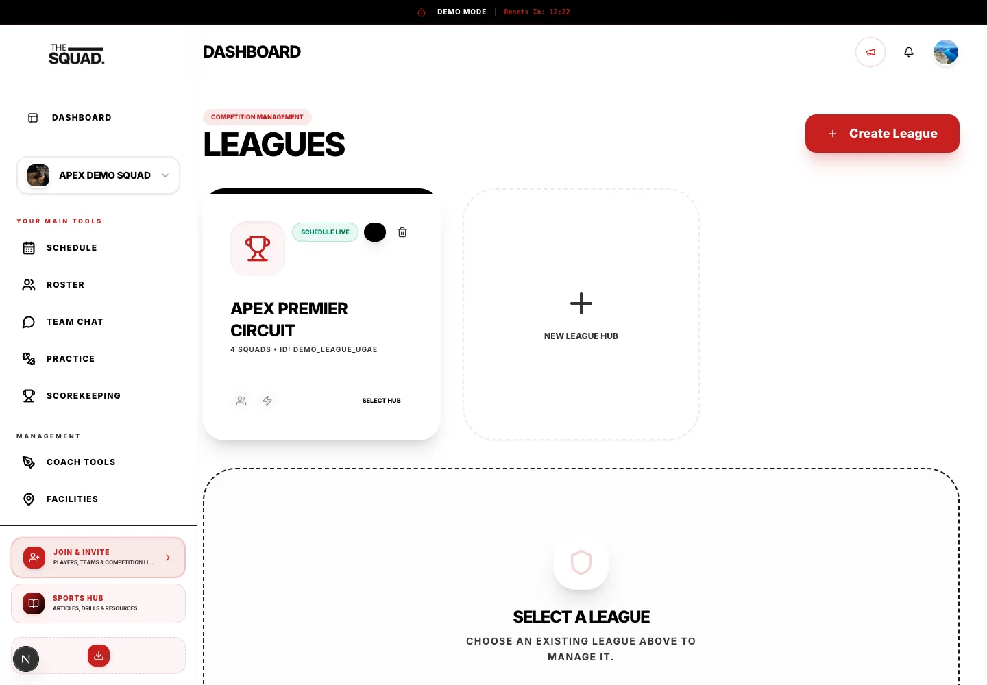 The league list is the starting point for managing separate competitions.
