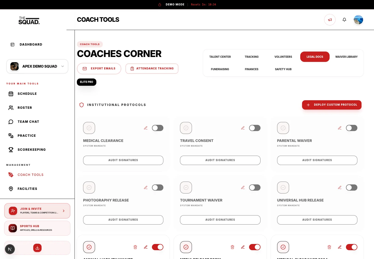 Legal Docs lists team protocols and signature audit controls.