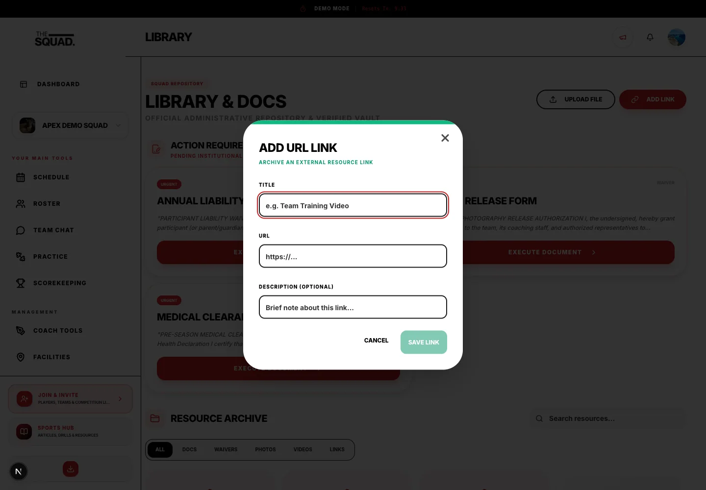 Add URL Link separates the resource title from its destination.
