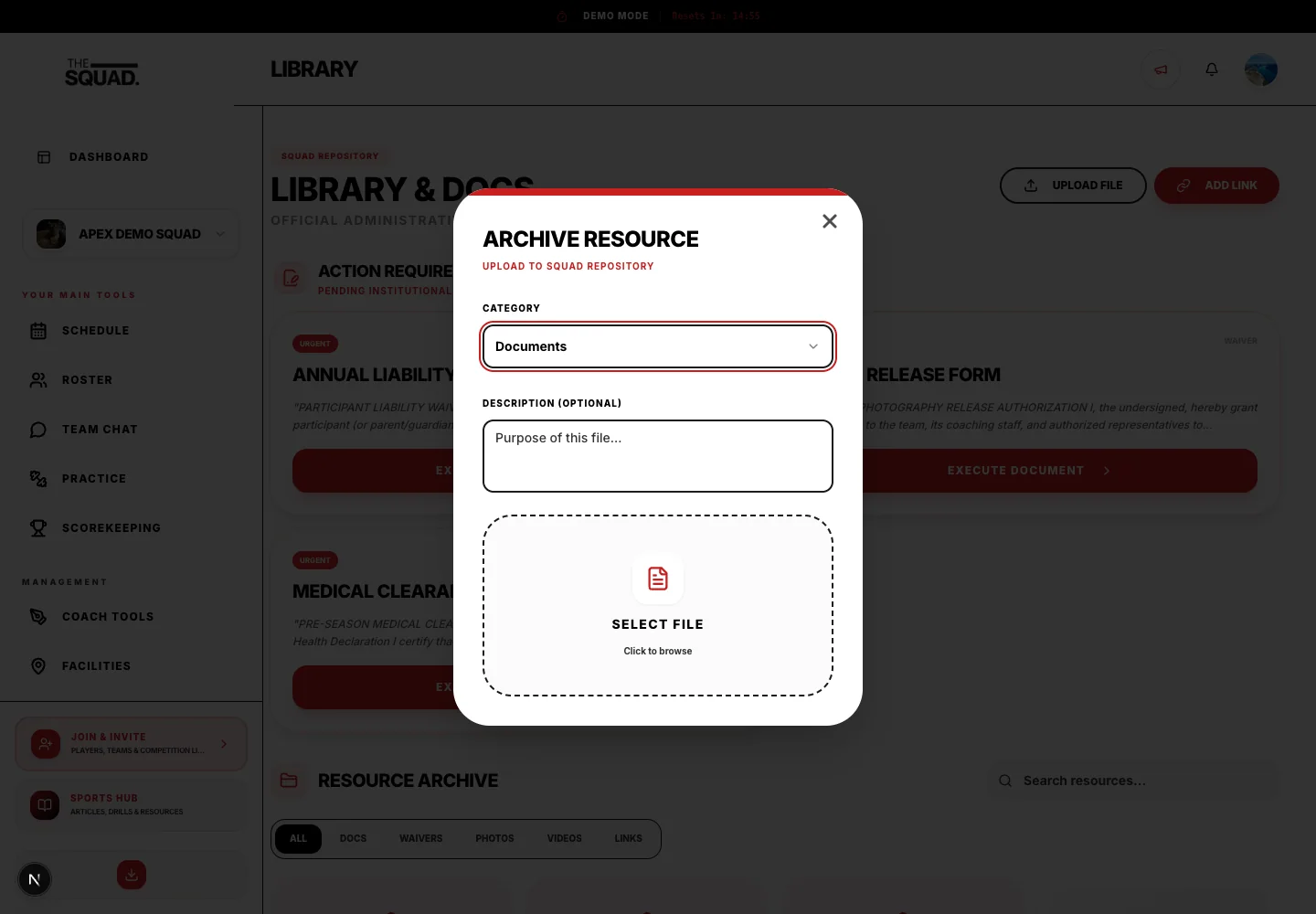Archive Resource asks for the file category and description.