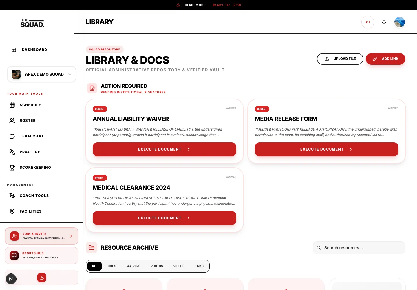 Resource Archive includes search and file-type filters.