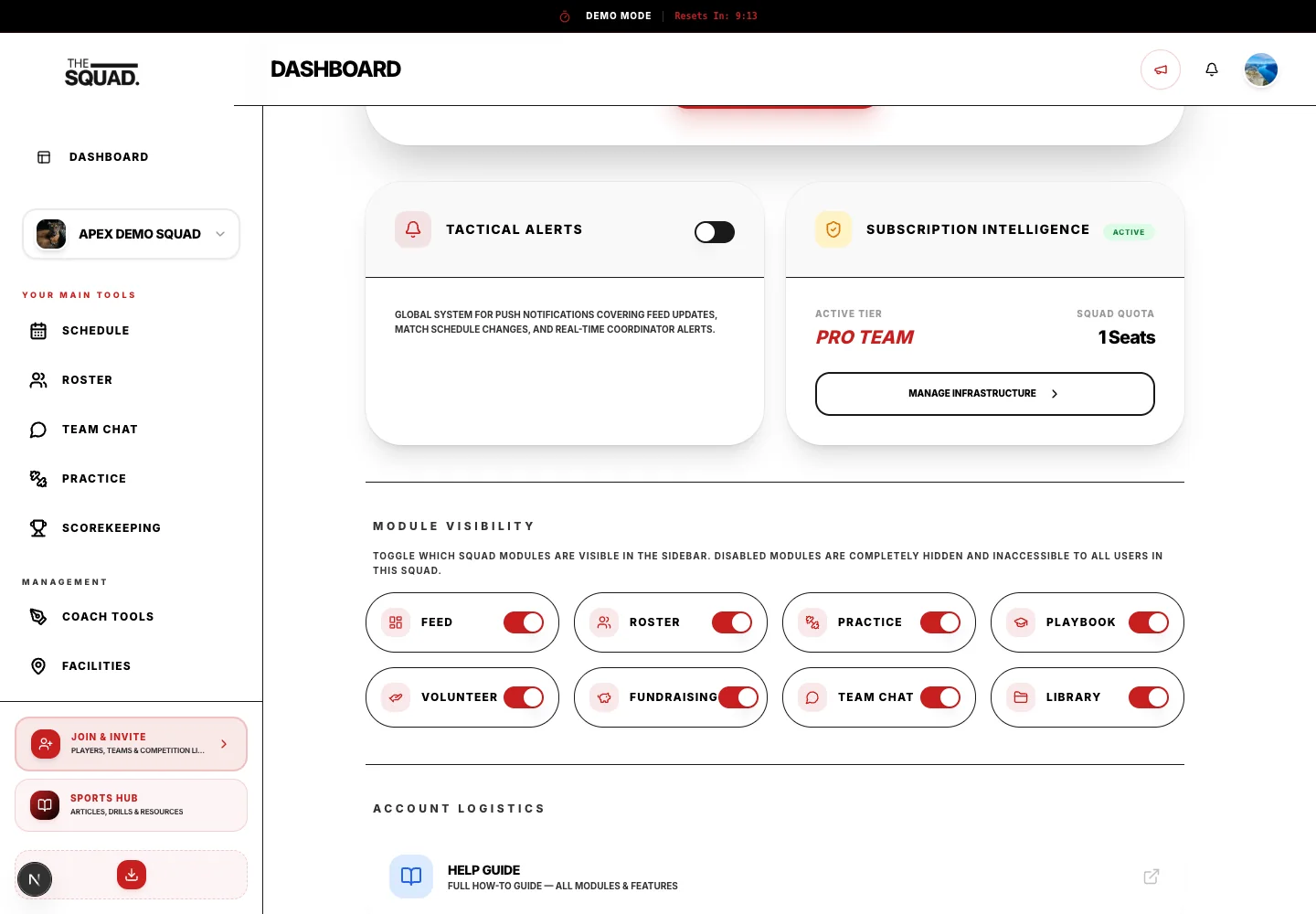 Settings exposes module switches to authorized team managers.