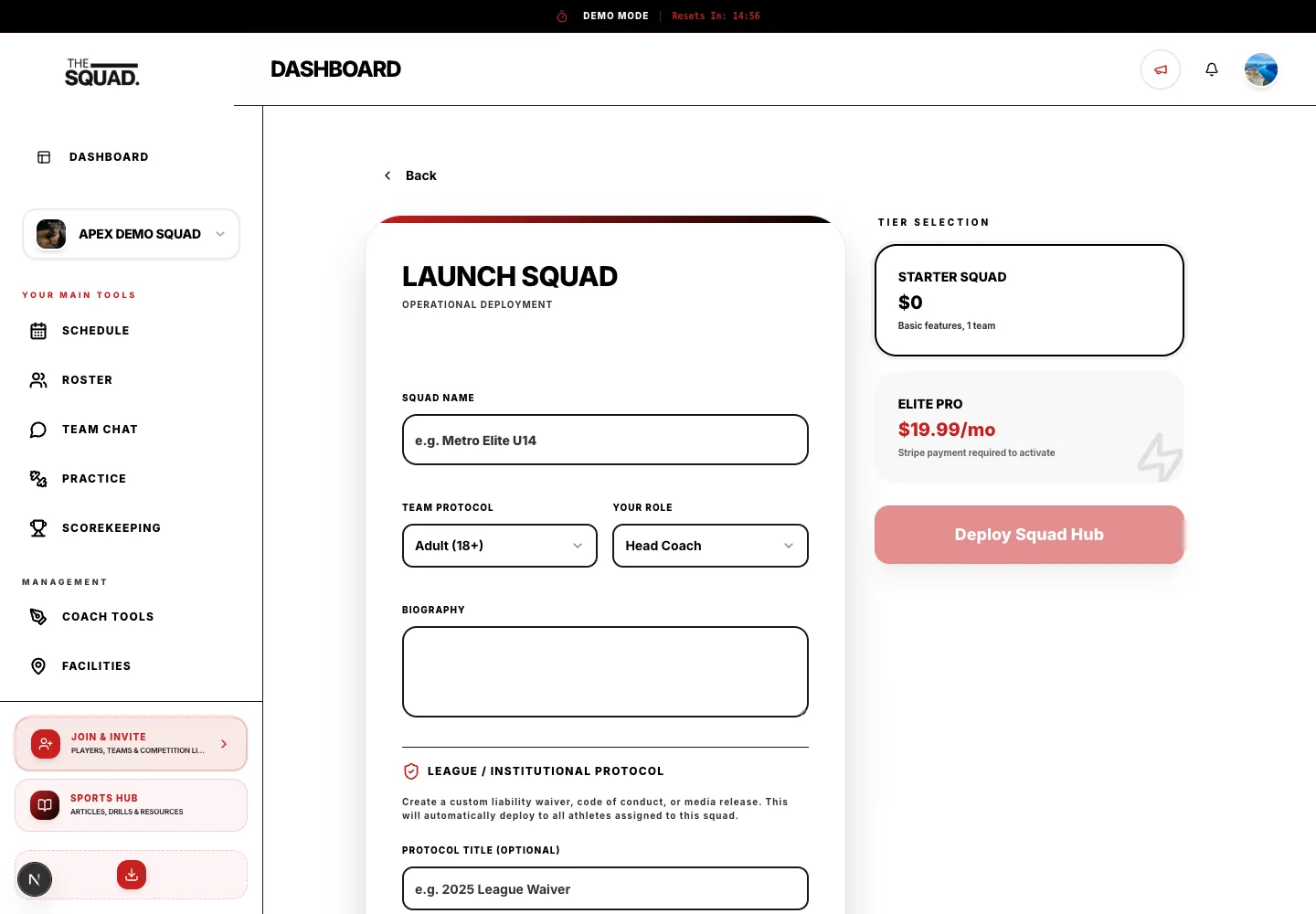 Registration protocol and tier controls below squad details.