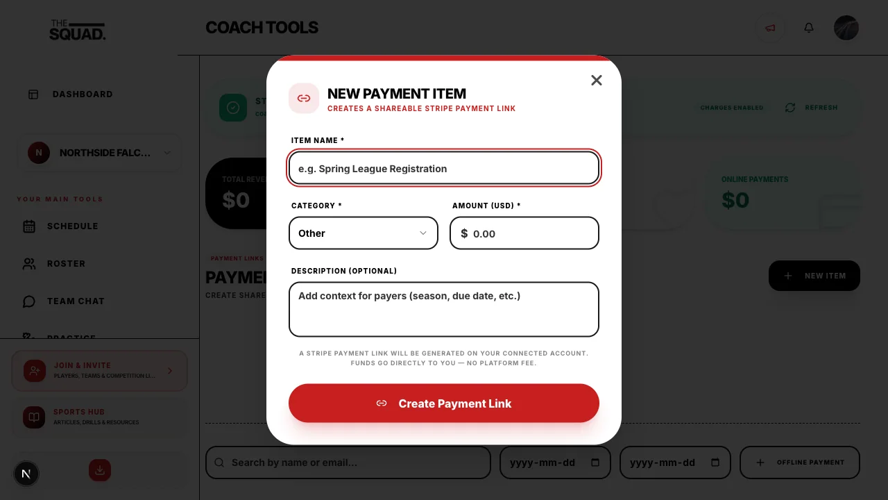 New Item opens the fee/payment item form.