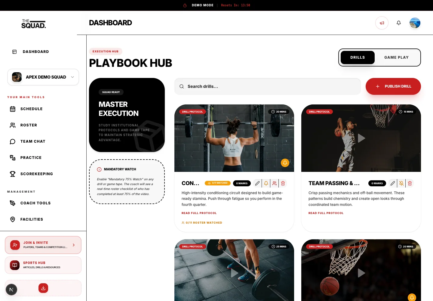 The Playbook lists drills and their watch requirements.