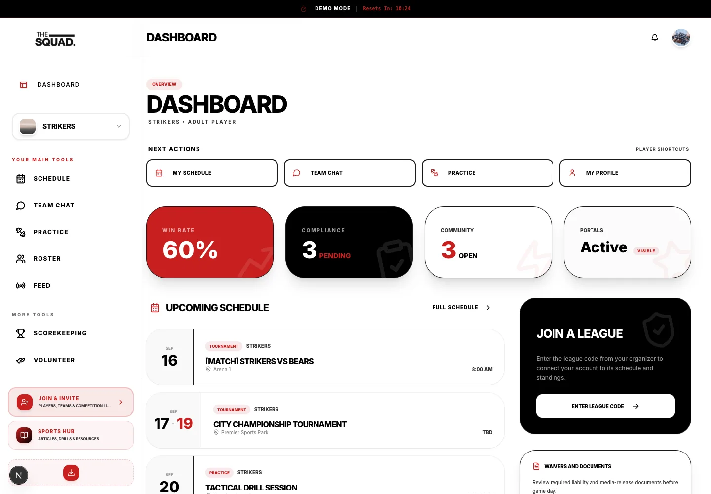 An athlete dashboard shows the connected squad and next actions.