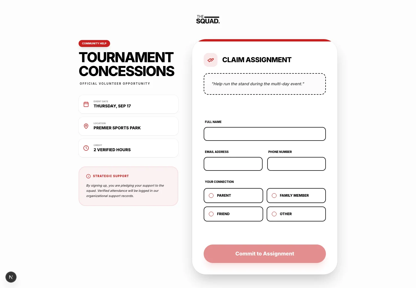 The public volunteer signup form for a sample opportunity.