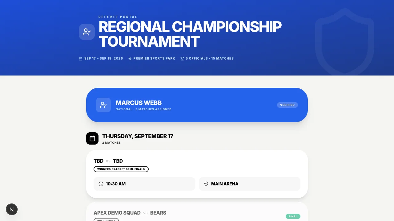 The tournament referee portal provides official assignment information.