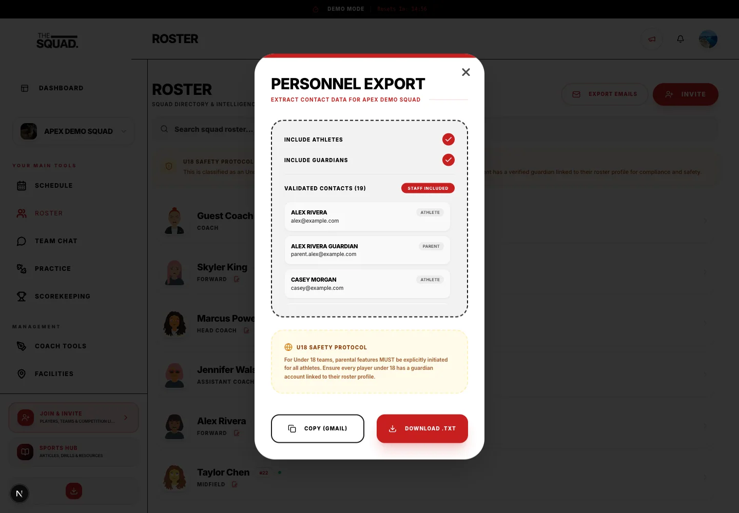 The email export dialog allows staff to choose the contact audience.