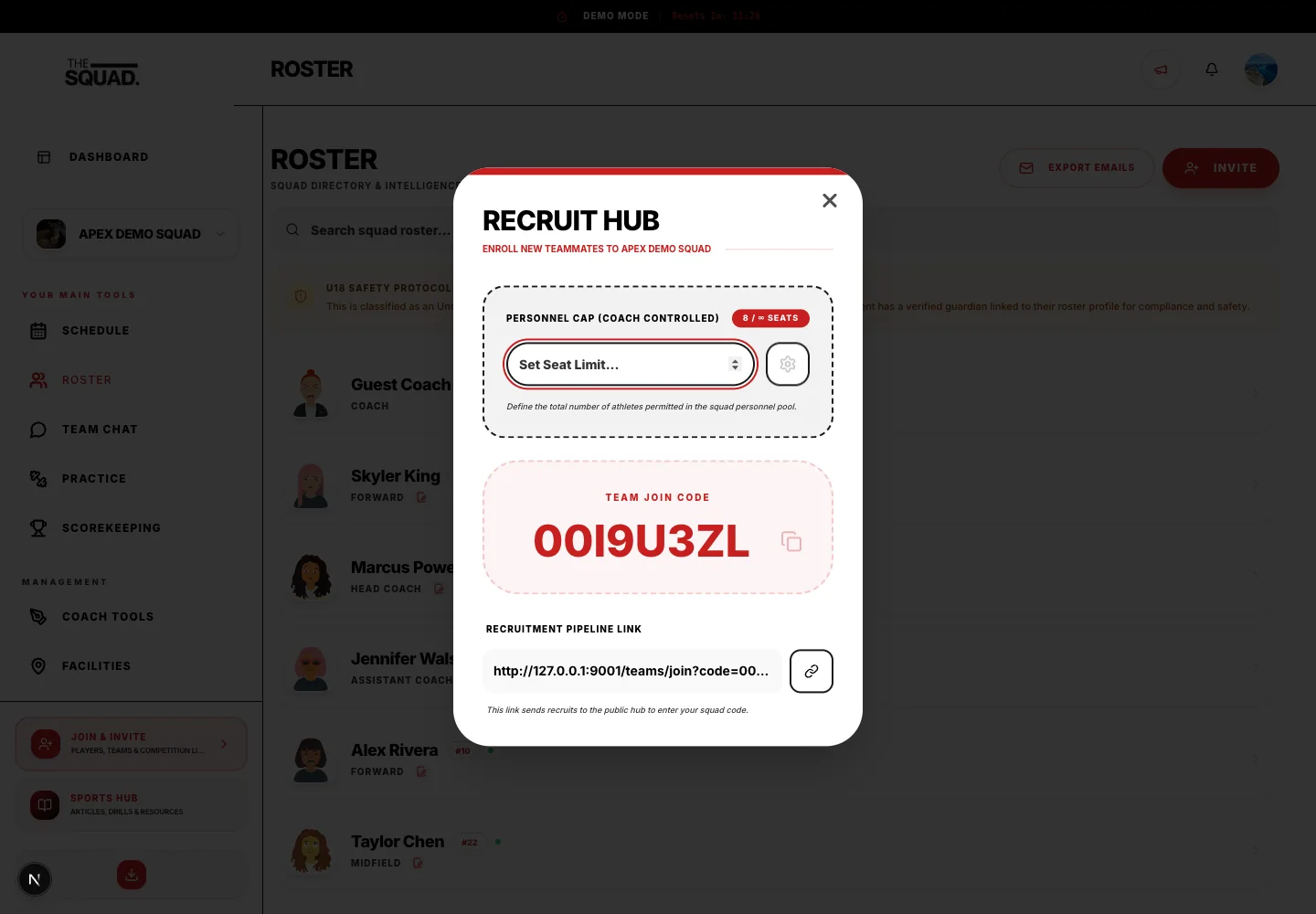 Recruit Hub contains the recruitment link and personnel cap.