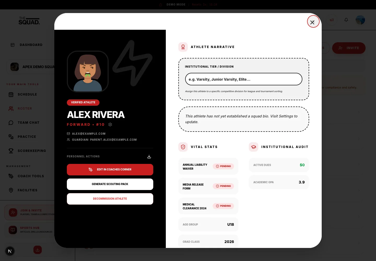 A sample player profile opened from the roster.