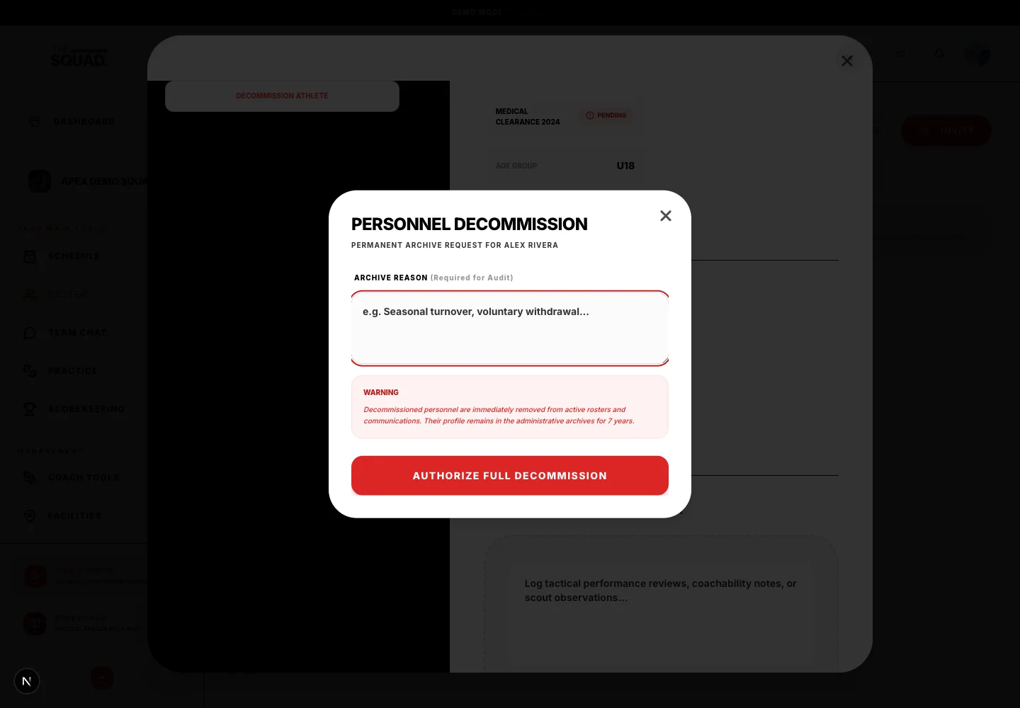 Personnel Decommission records a reason before removal.
