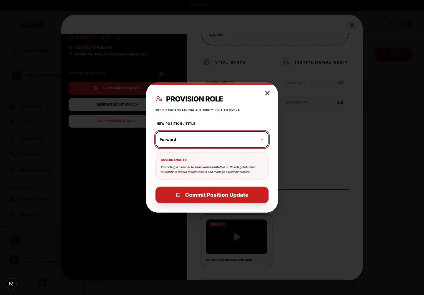 Provision Role edits a squad member’s position.