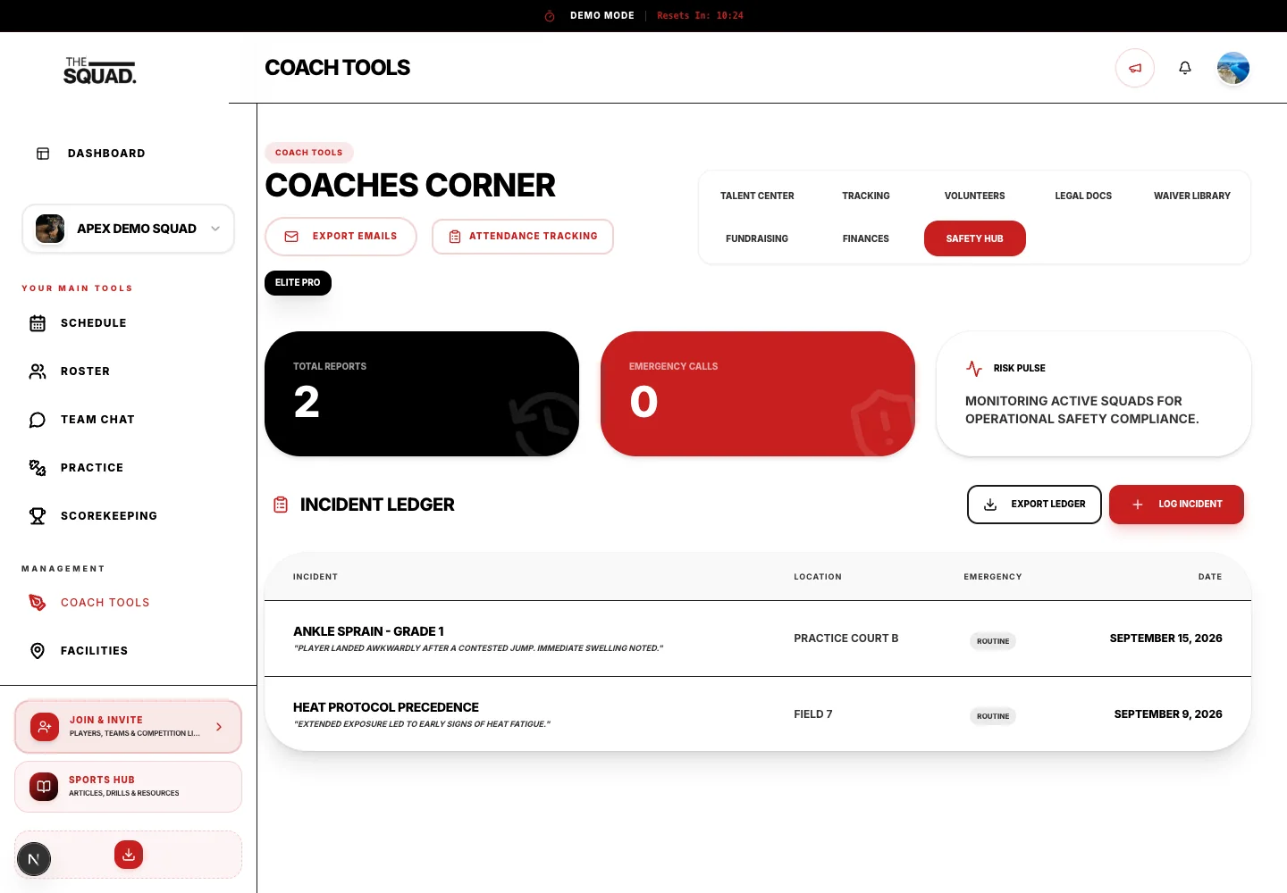 Safety Hub includes the Incident Ledger and Log Incident action.