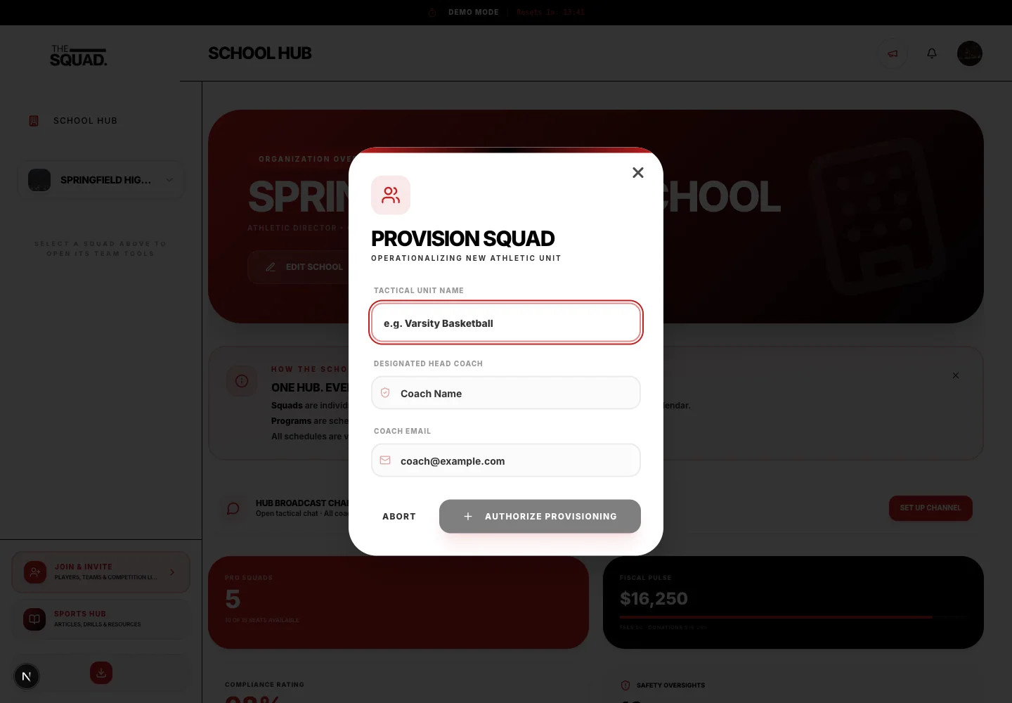 The squad creation dialog associates a team with its head coach.