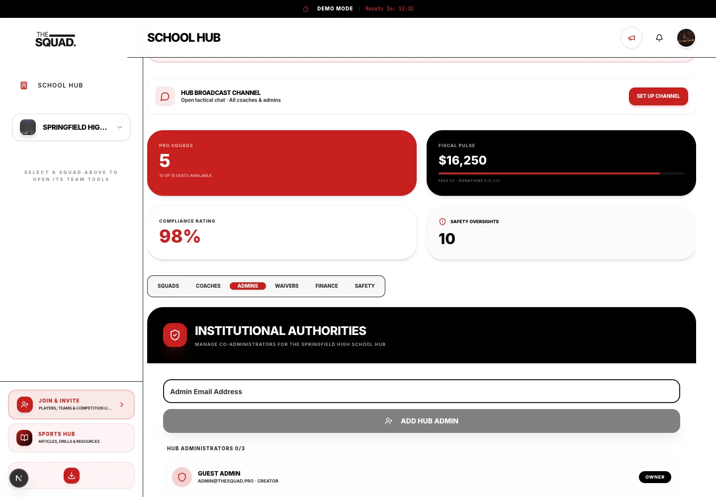 The Admins tab lists school administrators and invitation controls.