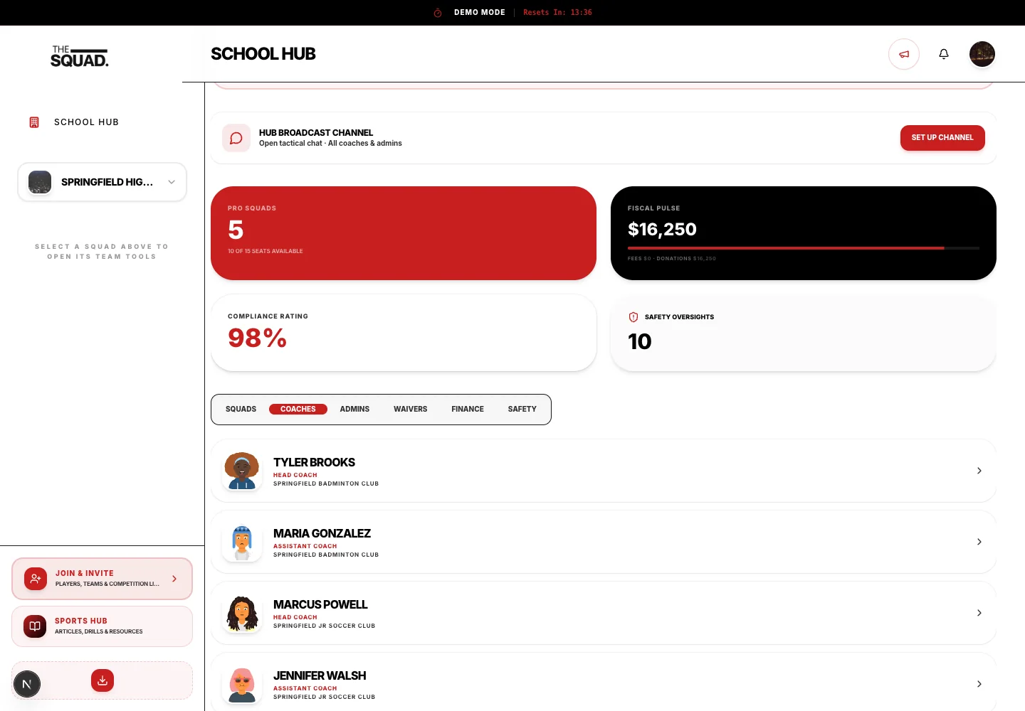 The Coaches tab organizes school personnel.