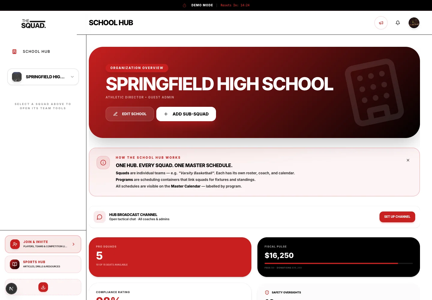 A school hub shows its squads and institution-level tabs.
