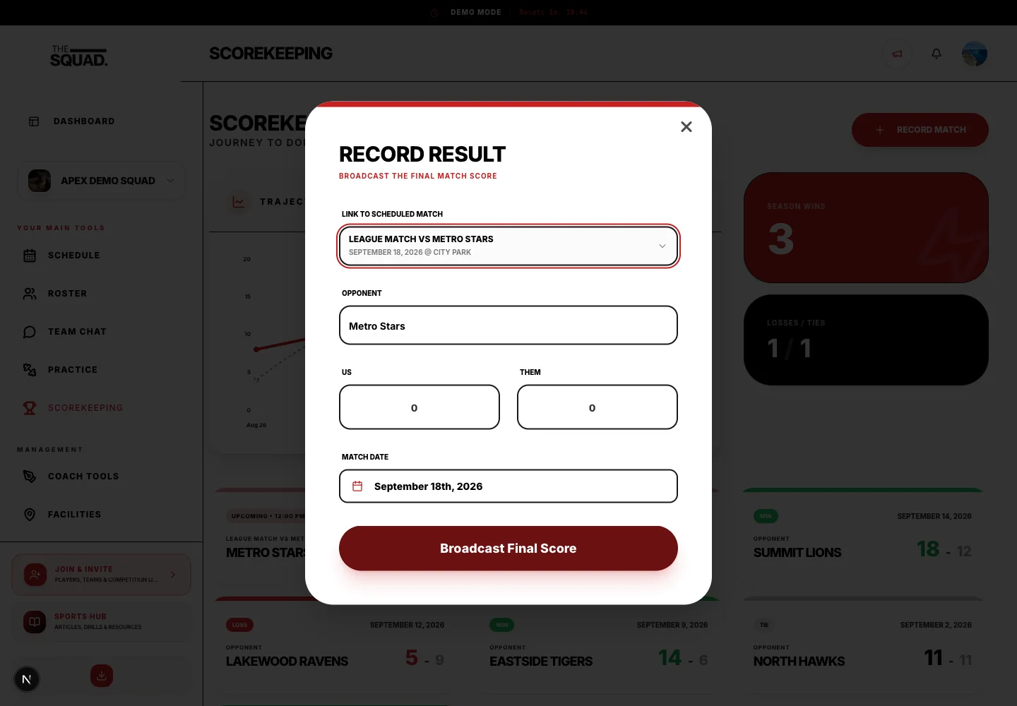 Record Result opened for an existing match.