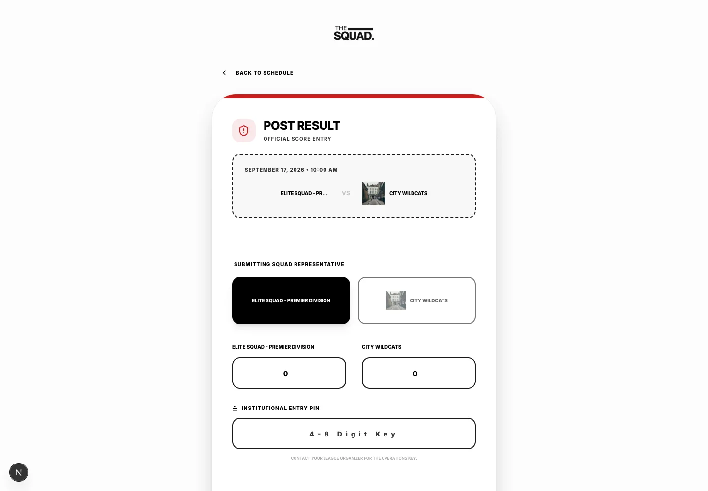 A match score-entry screen with both teams and score fields.