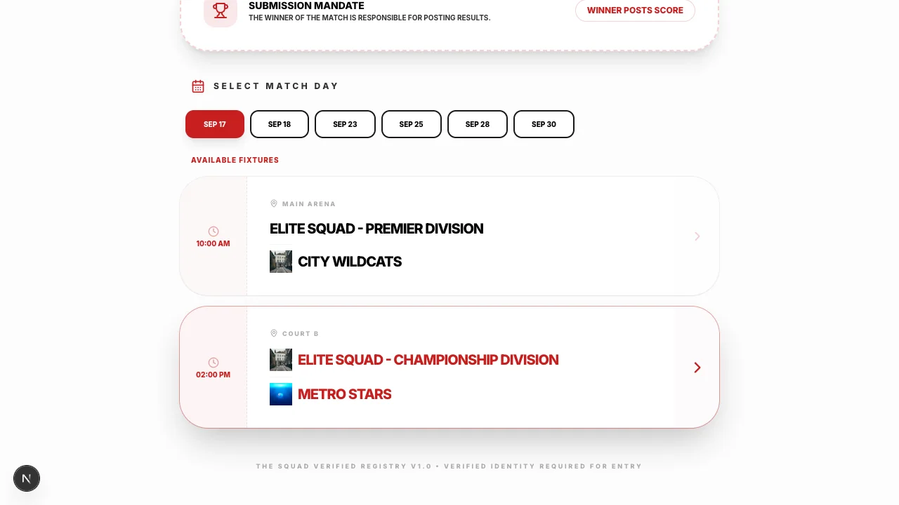 The scoring portal lists the competition’s matches.