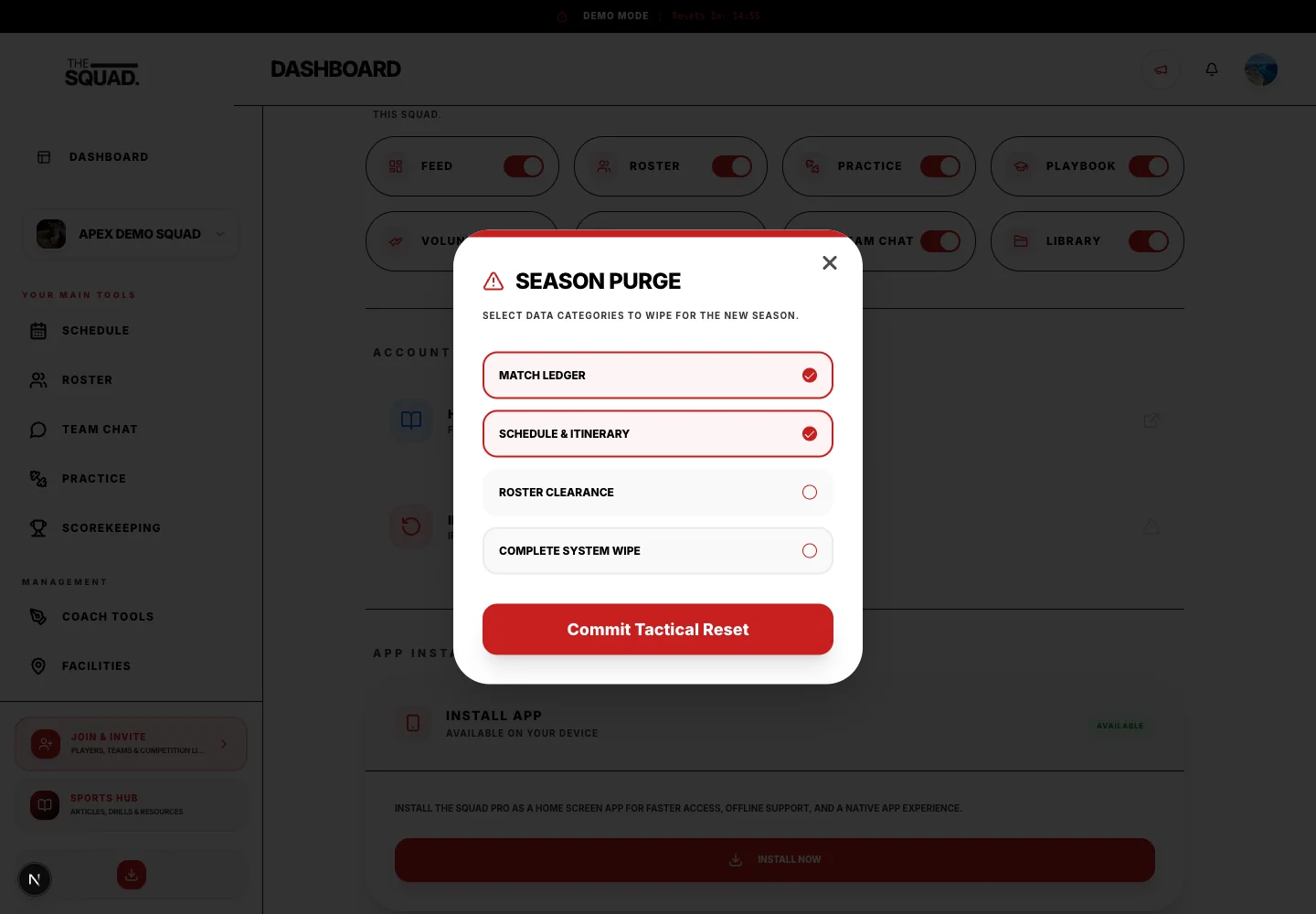 Demo-only season reset asks which sample data to clear.