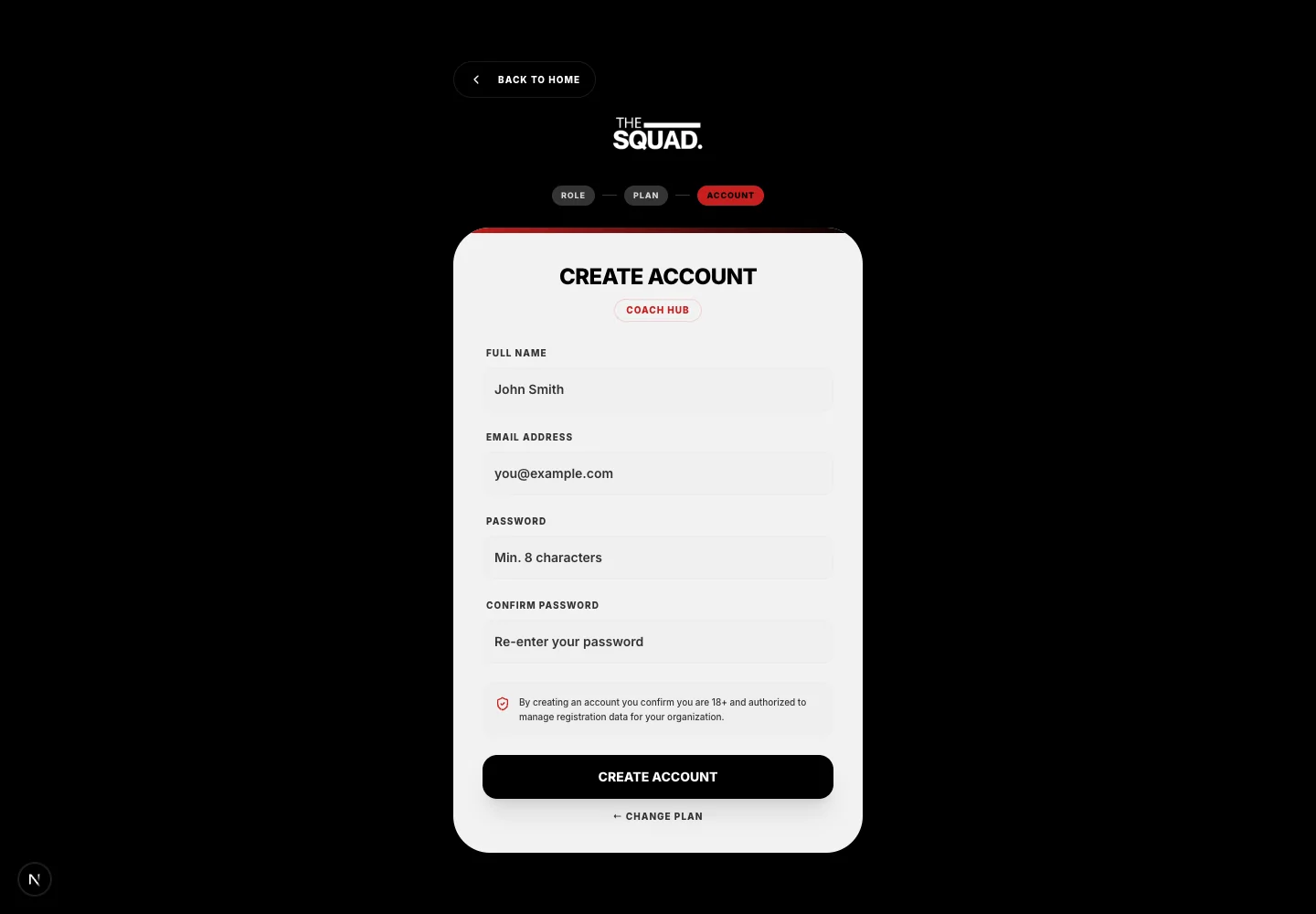 Full name, email and both password fields on the account form.