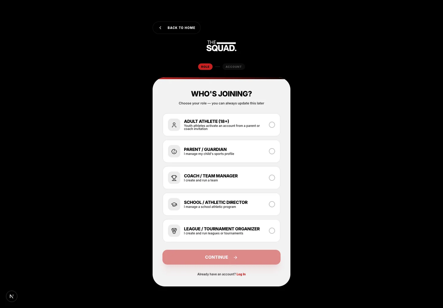 Account creation starts with the role choices.