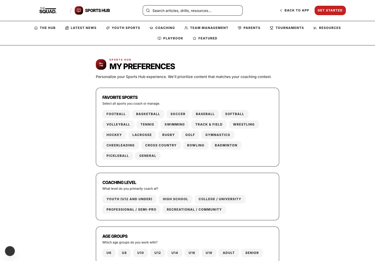Sports Hub Preferences lets signed-in users choose interests.