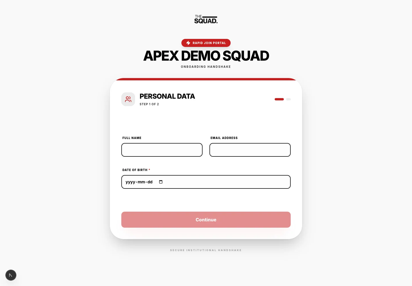A squad registration page presents its requirements and enrollment fields.