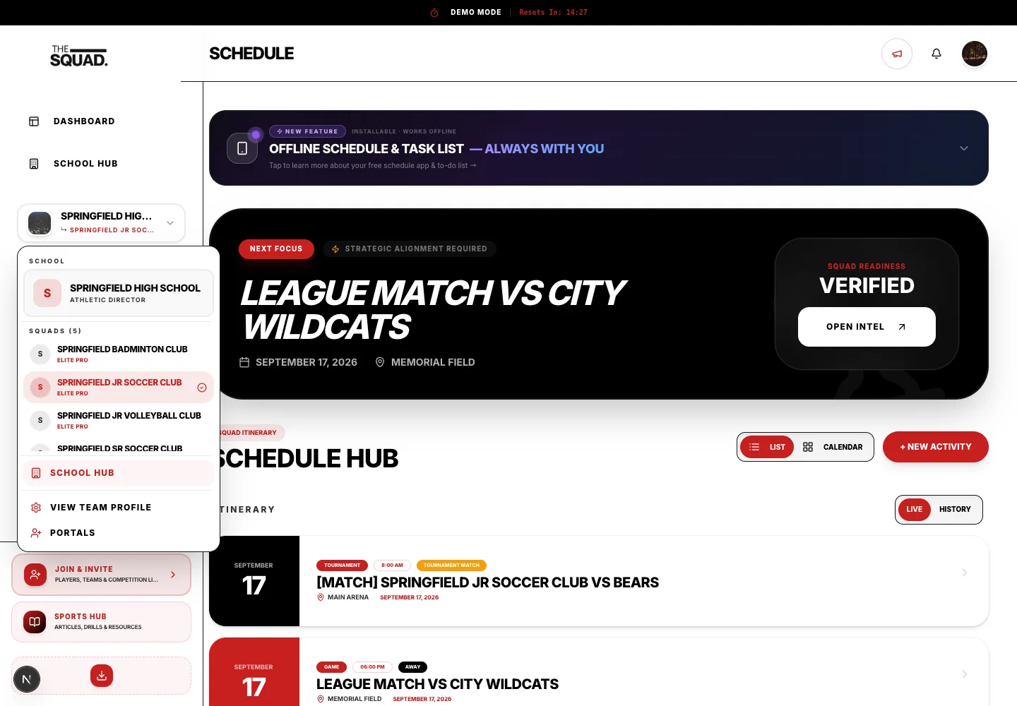The squad selector identifies the workspace you are using.