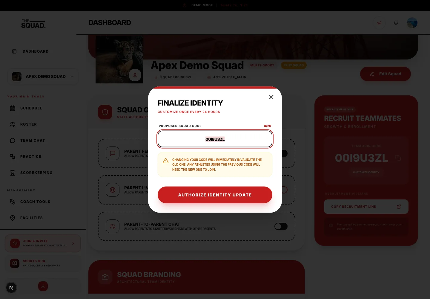 Customize Identity changes the current squad code.