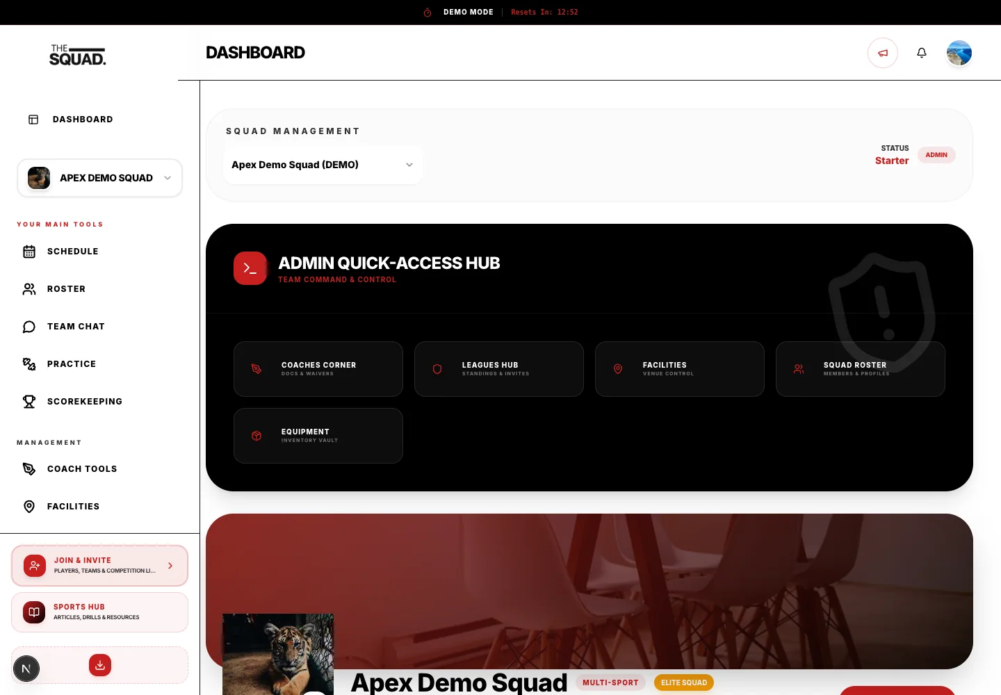 Squad Management shows the current team identity.
