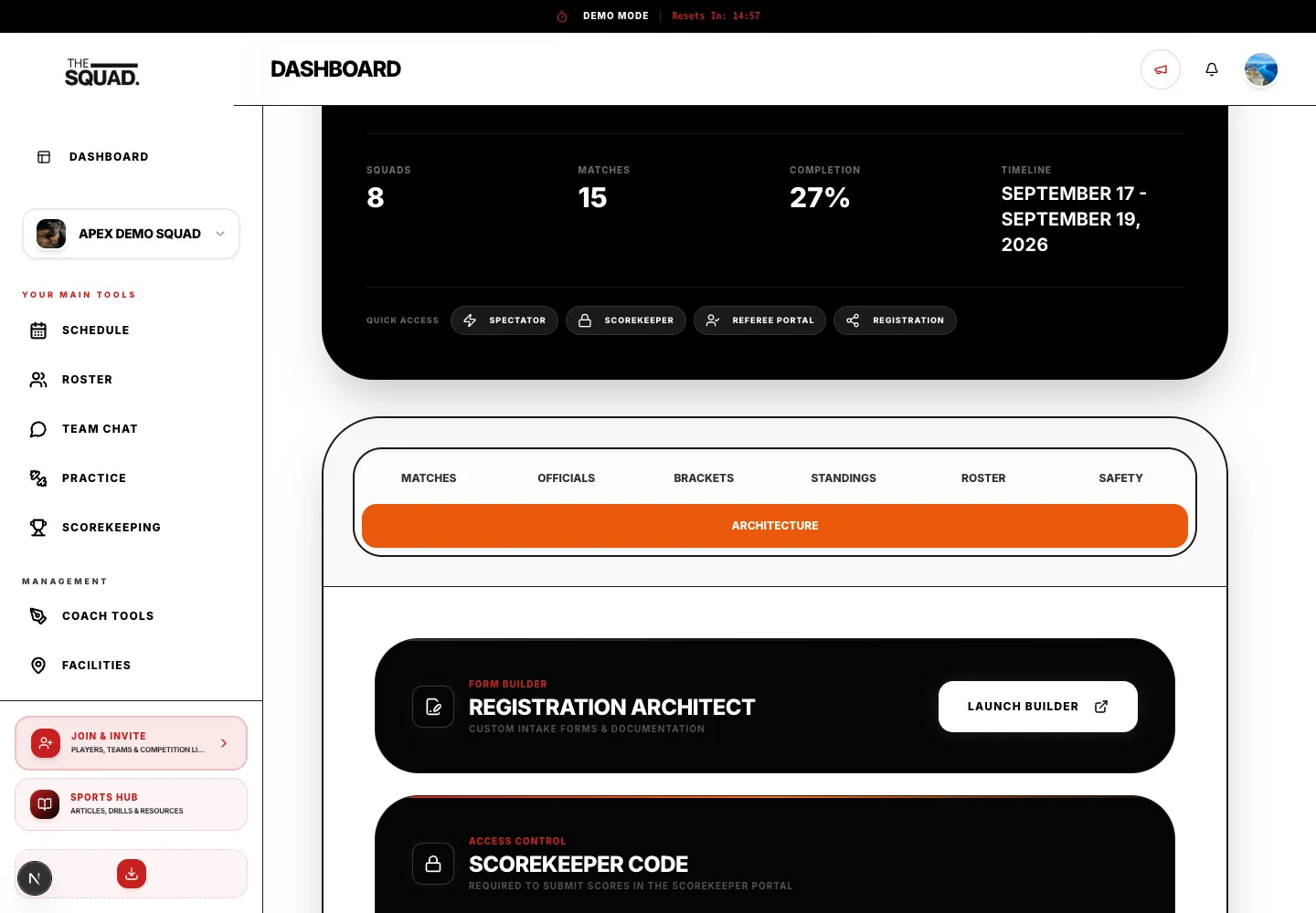 Architecture exposes tournament scheduling status and controls.