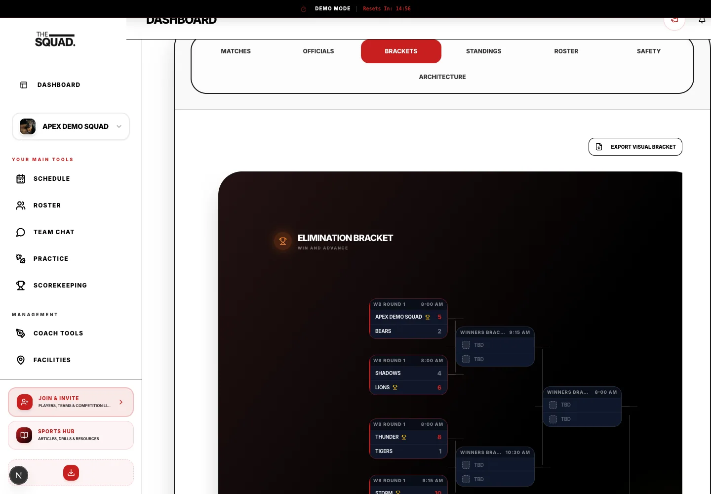 The Brackets tab shows the competition’s progression.